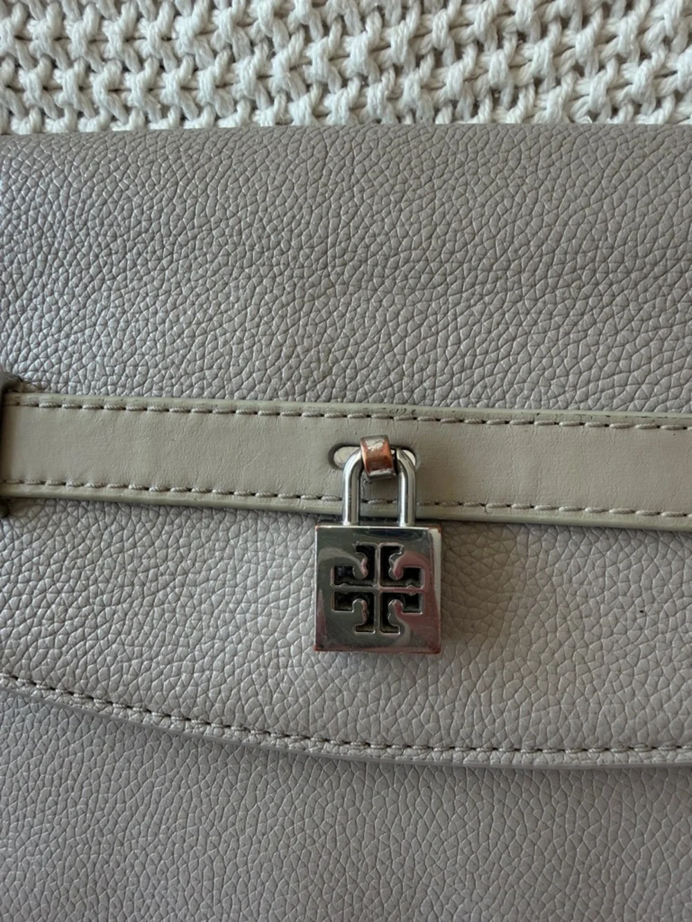 Tory Burch Pebbled Light Gray/taupe Leather Crossbody with magnetic closure